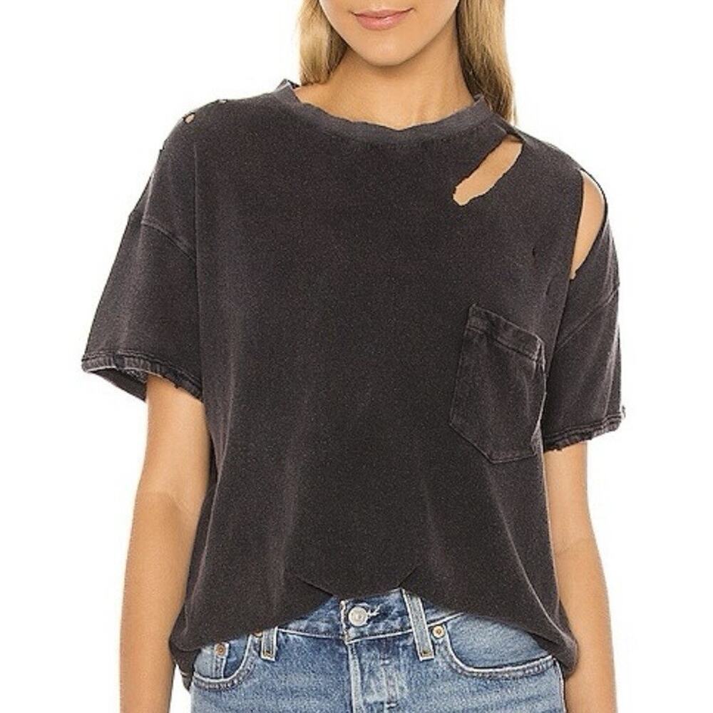 Free People We the Free Distressed Oversized Pocket T Shirt Womens S Gray Stain
